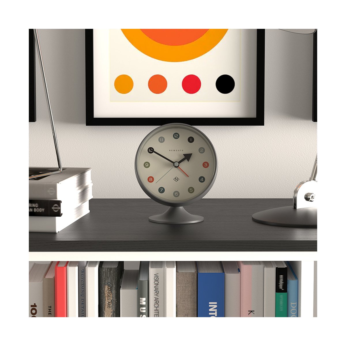 Retro Spheric alarm clock by Newgate World with an Arabic dial and a blizzard grey case - Style Shot Front