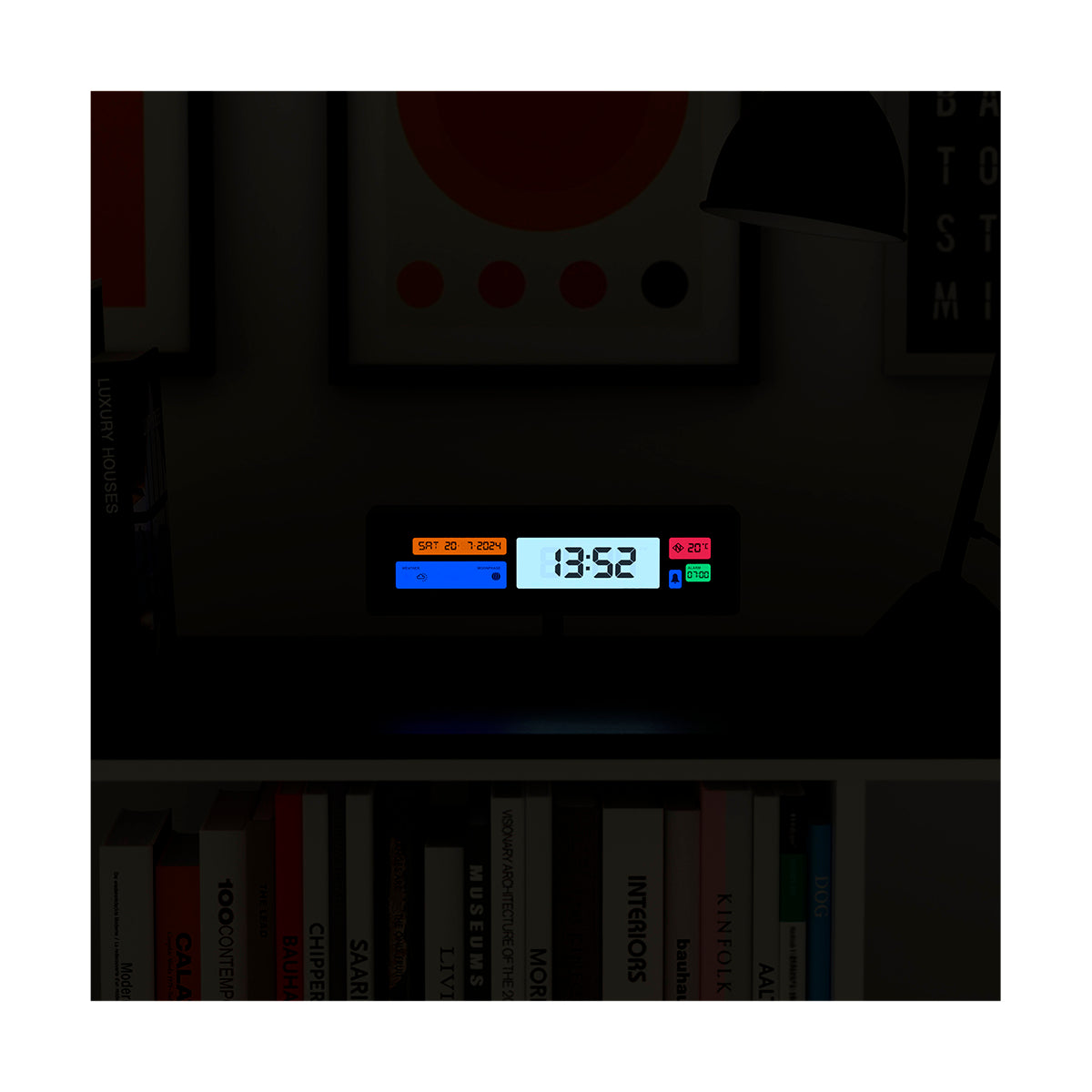 Digital Alarm Clock - Black with Multicolour LCD Display - Supergenius - LCD-SUPER1 - Style shot Front on LCD On