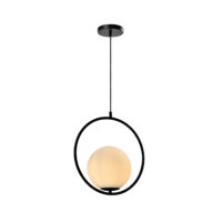 Moderne hanglamp met metalen frame in het zwart en bal