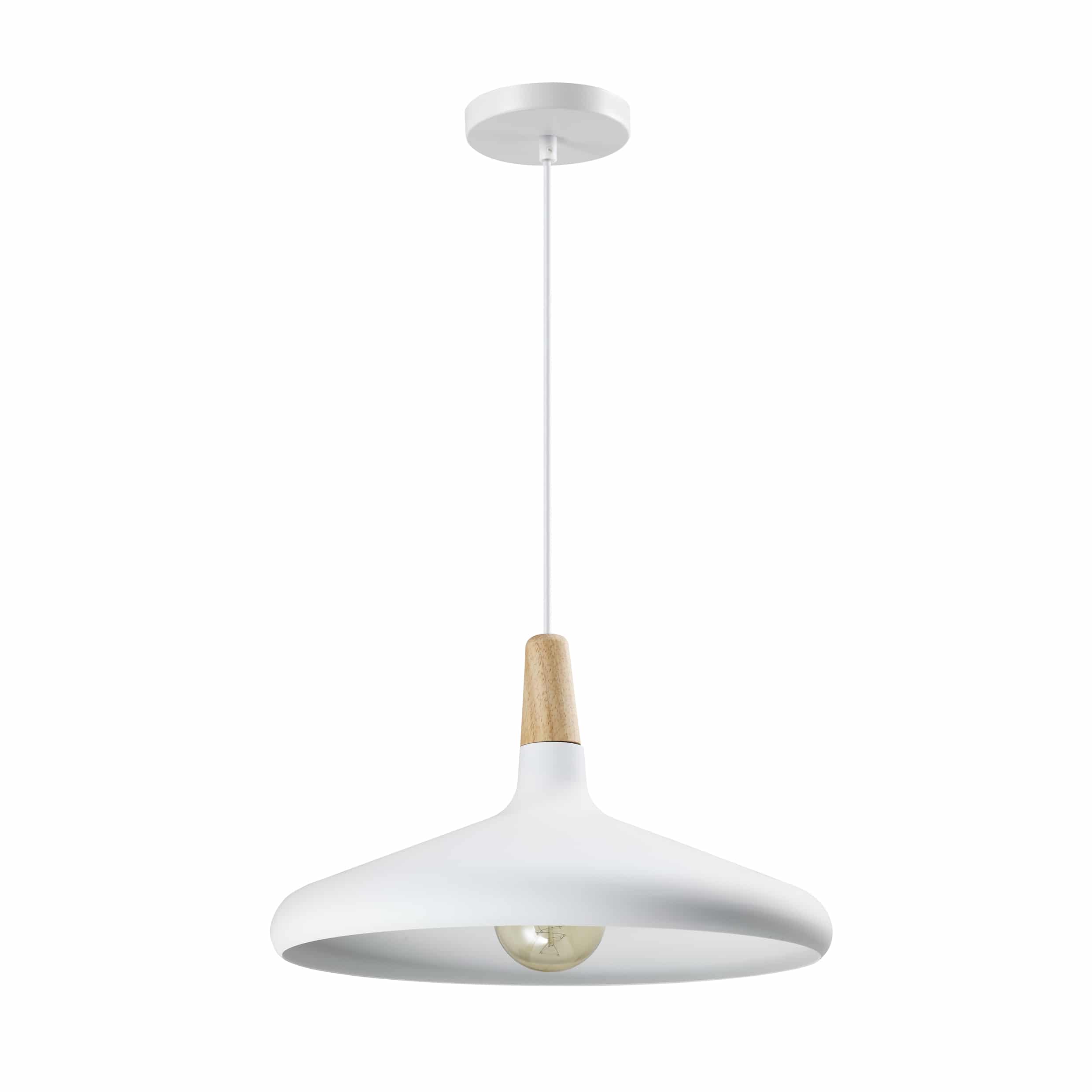 Metalen hanglamp in het wit met houten kop