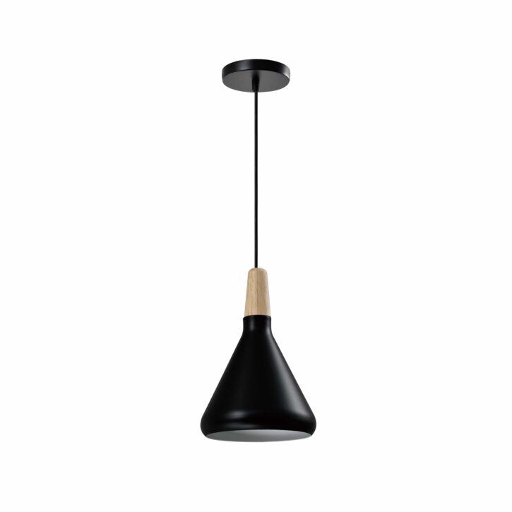 Zwarte lamp met houten kop en een diameter van 17 cm