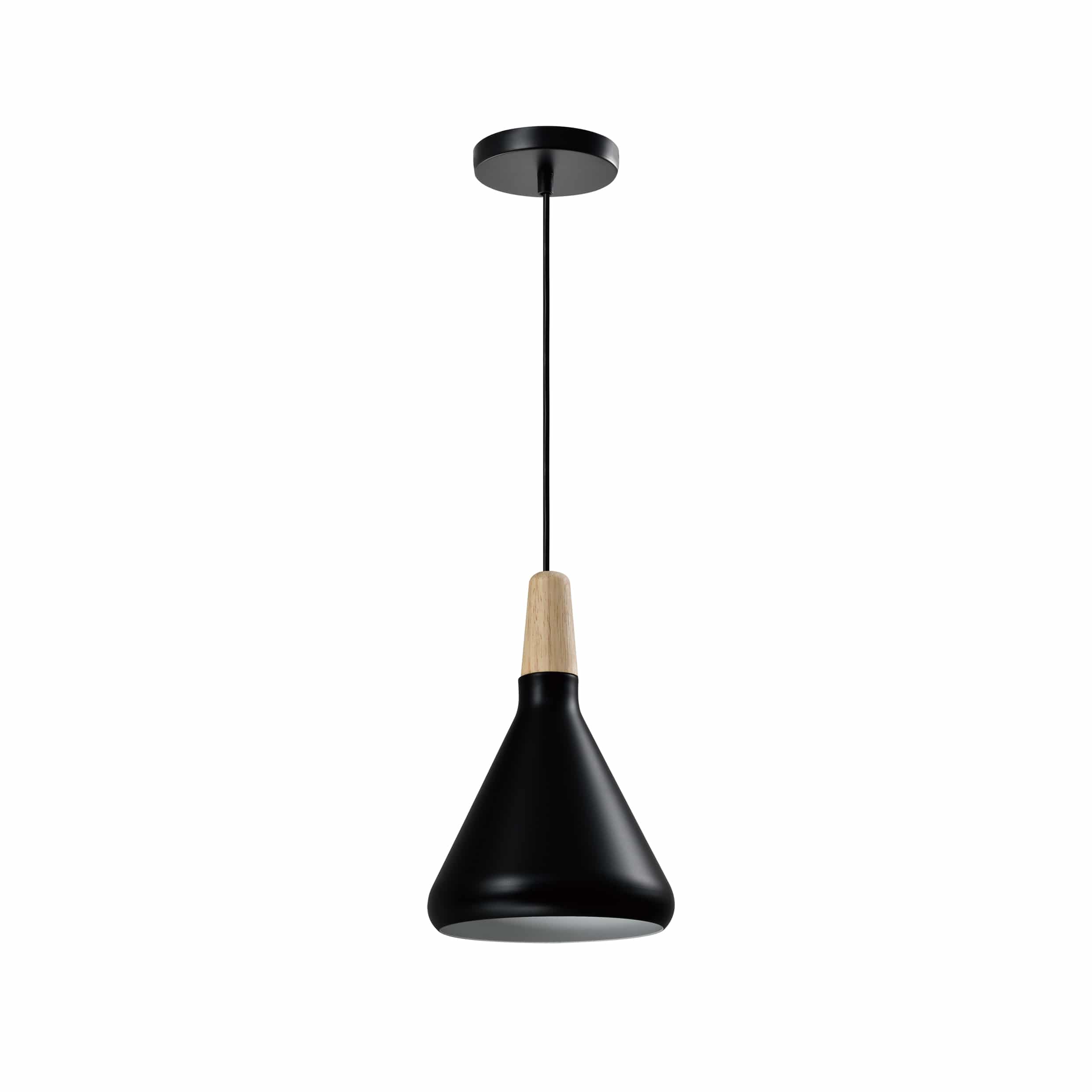 Zwarte lamp met houten kop en een diameter van 17 cm