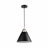 Zwarte kegelvormige lamp met leren riempje
