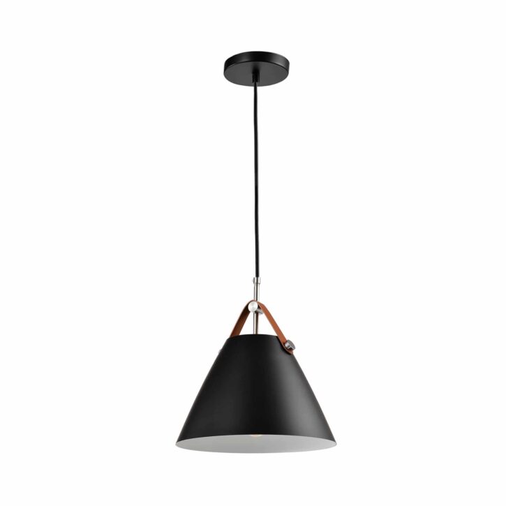 Zwarte kegelvormige lamp met leren riempje