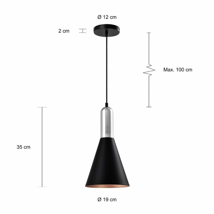 Afmetingen van de kegelvormige lamp met zilveren bovenkant