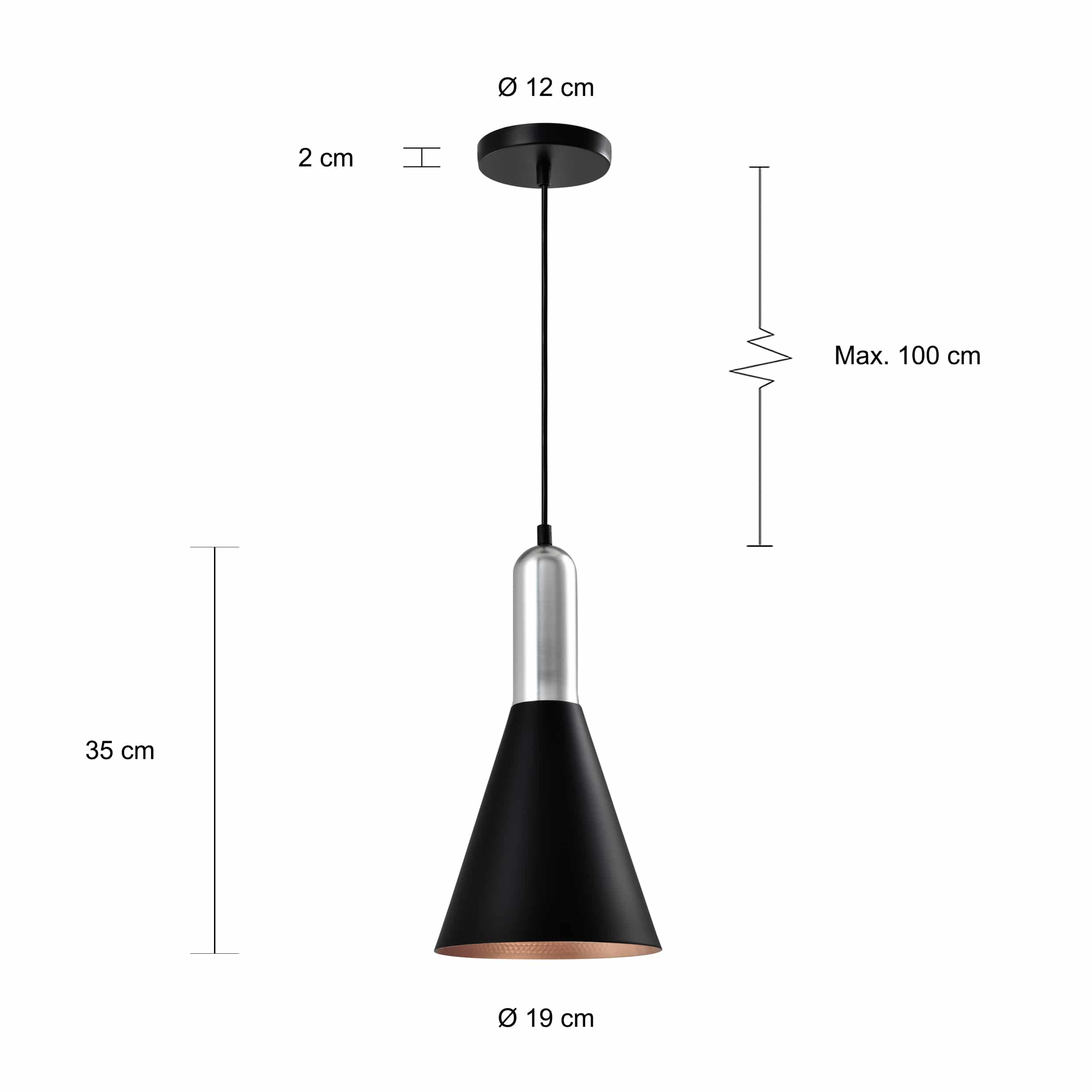 Afmetingen van de kegelvormige lamp met zilveren bovenkant