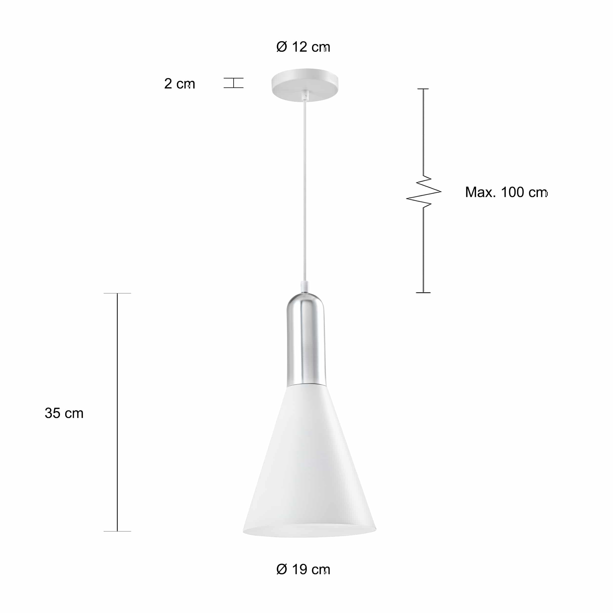 Afmetingen van de kegelvormige hanglampen in moderne stijl met zilveren bovenkant