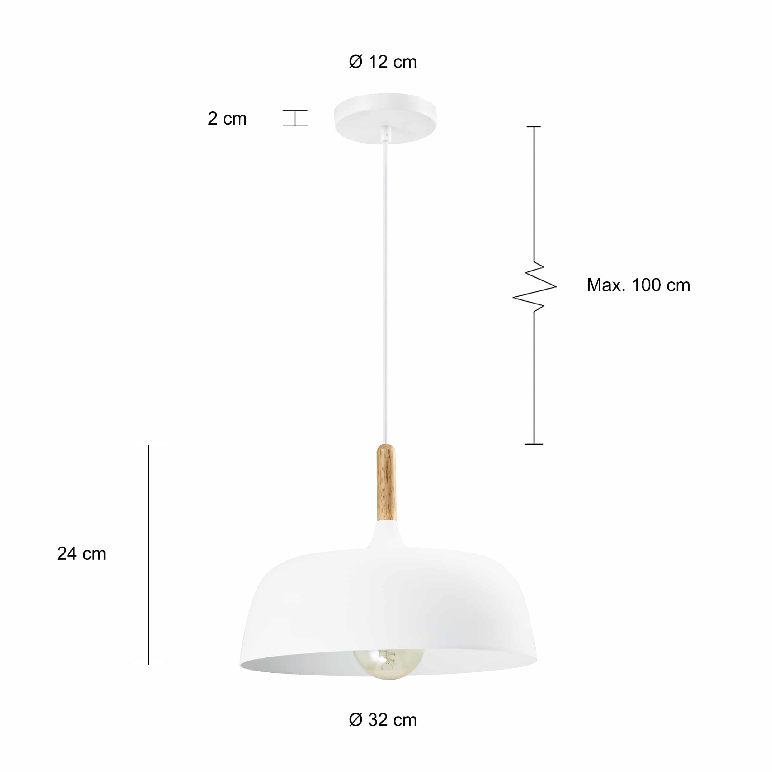 Afmetingen van de witte lamp met afgeronde hoekene en een diameter van 32 cm