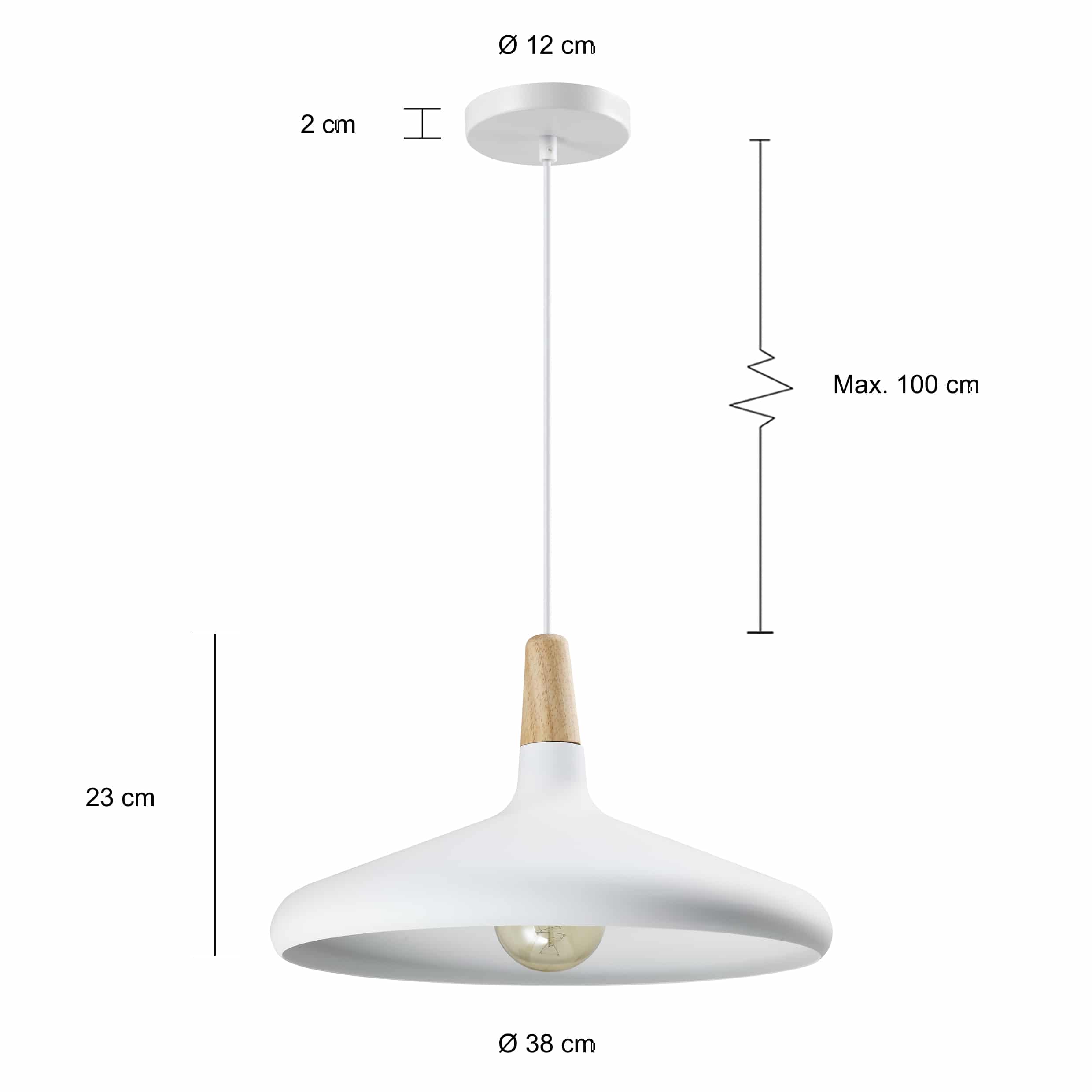 Afmetingen witte lamp met een diameter van 38 cm