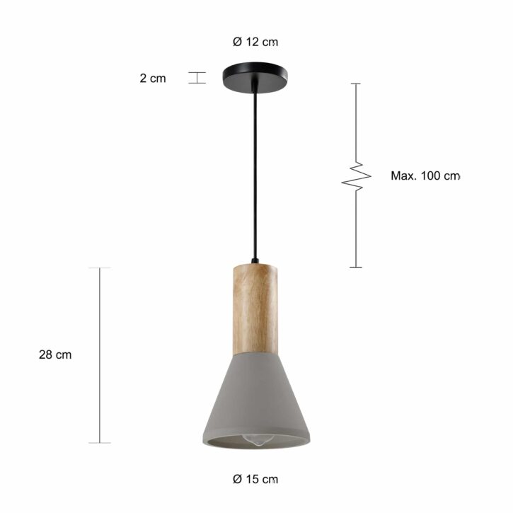 Afmetingen grijs landelijke hanglamp met een diameter van 15 cm
