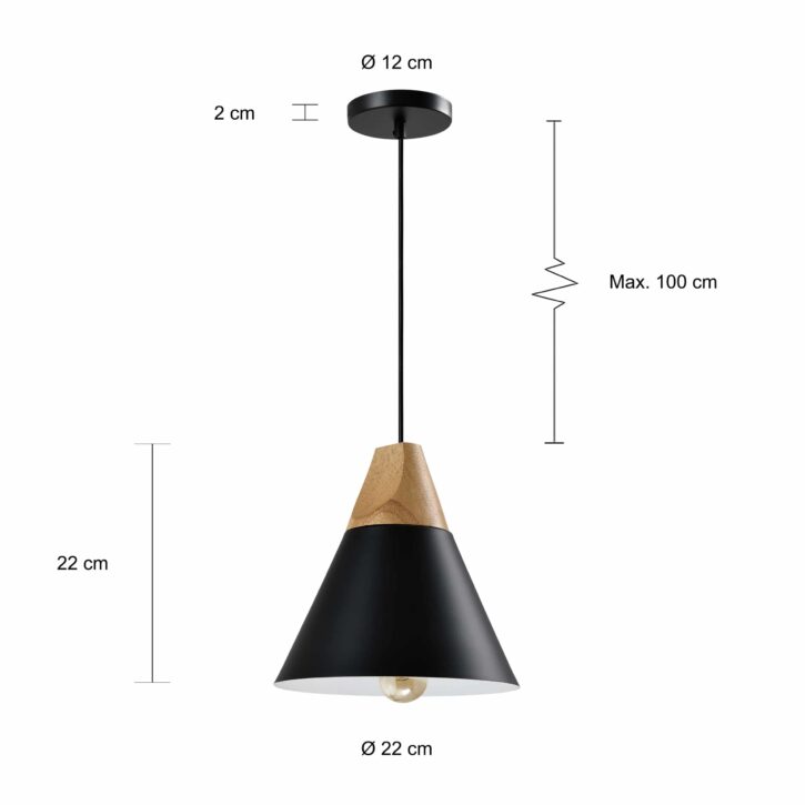 Afmetingen zwarte kegellamp met houten kop
