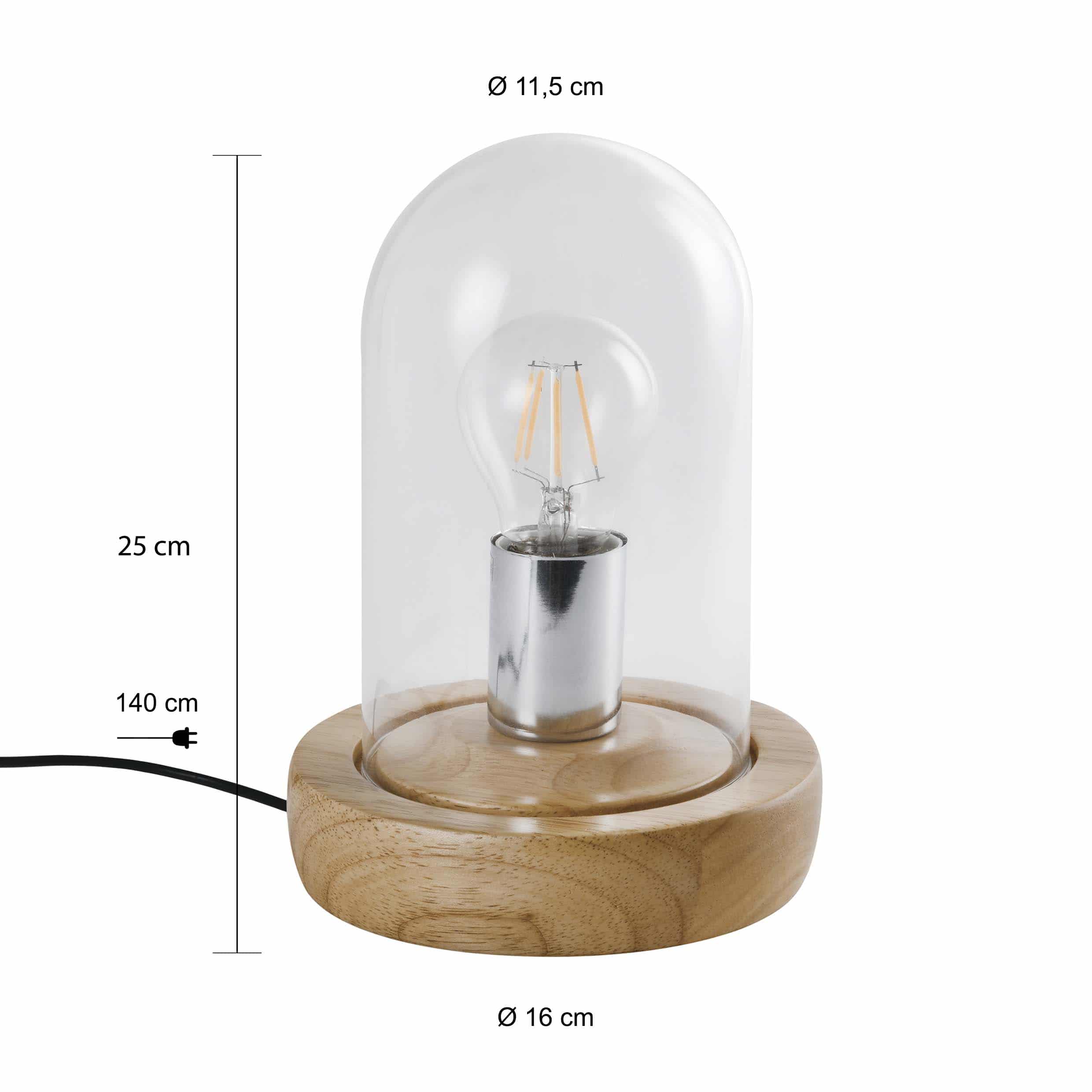 Afmetingen van de Scandinavische tafellamp met glazen stolp met houten voet