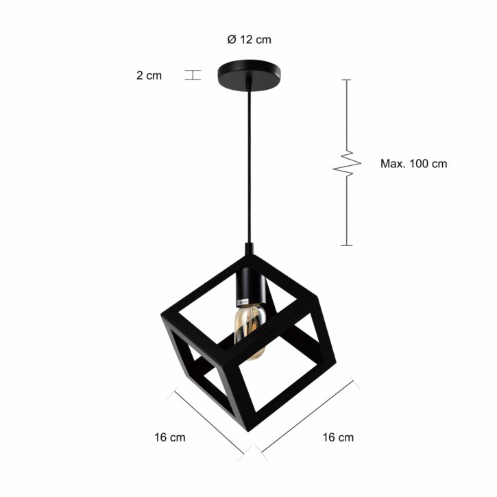 Afmetingen van de zwart metalen vierkante hanglamp