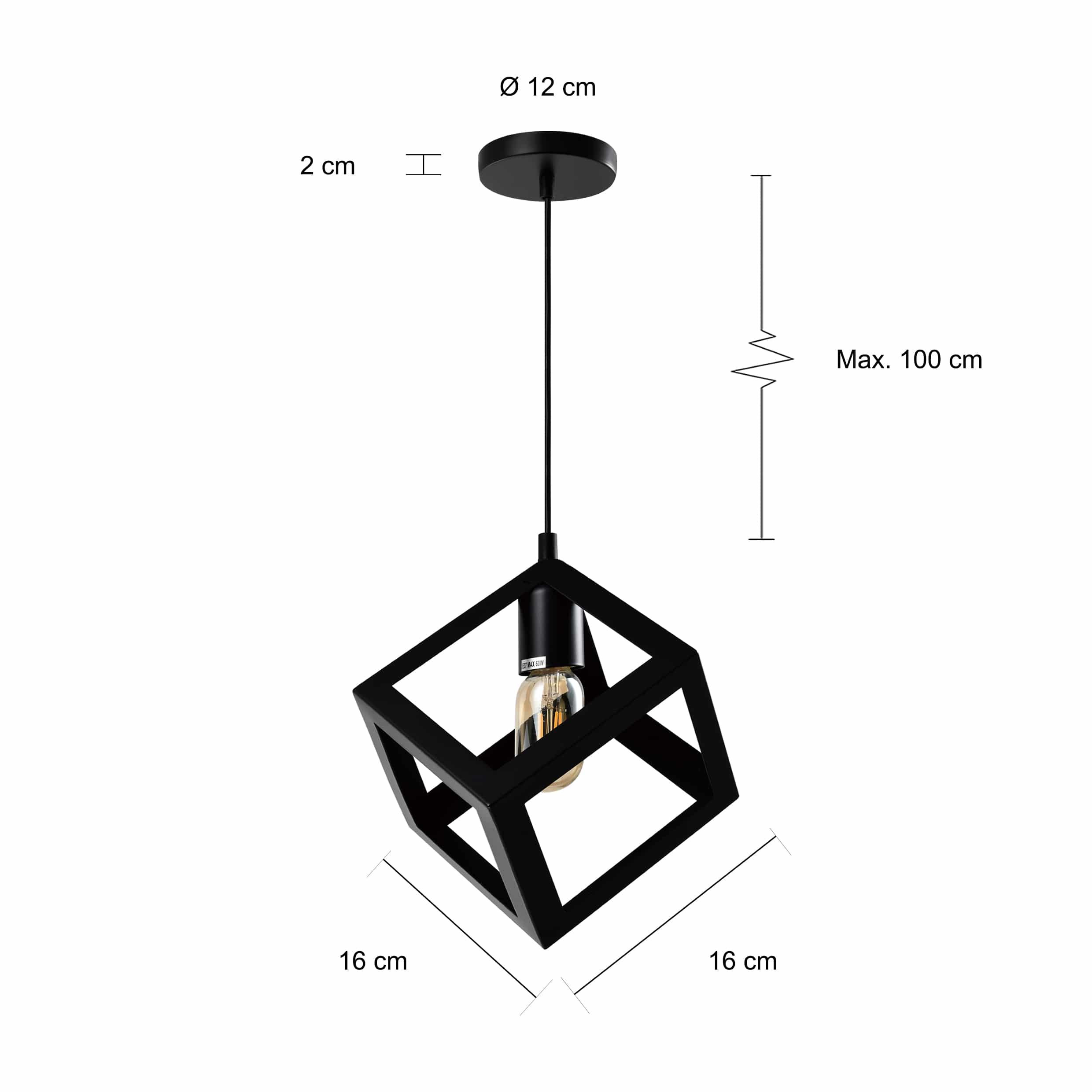 Afmetingen van de zwart metalen vierkante hanglamp