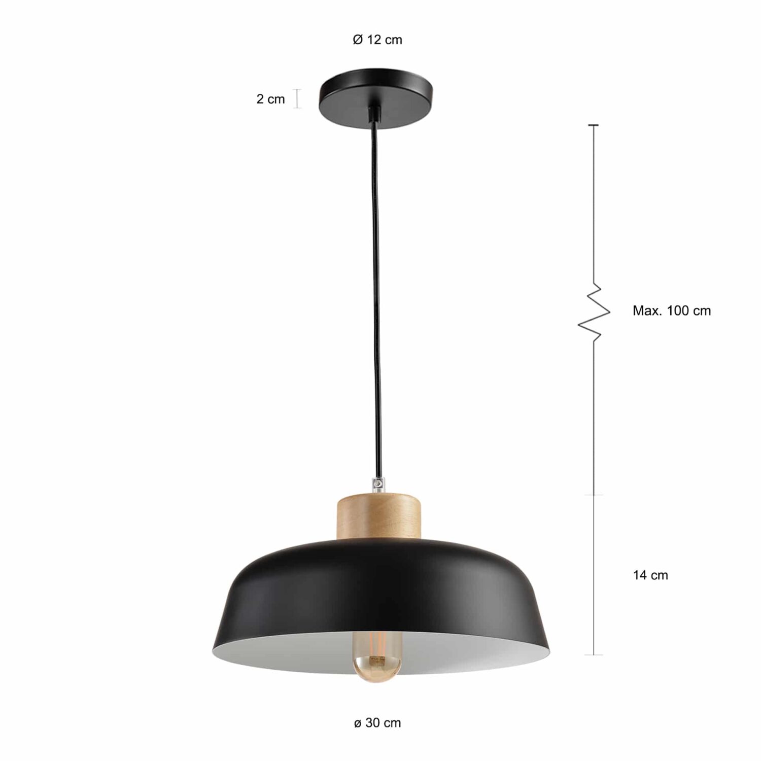 Hang verlichting zwart met hout en witte binnenkant