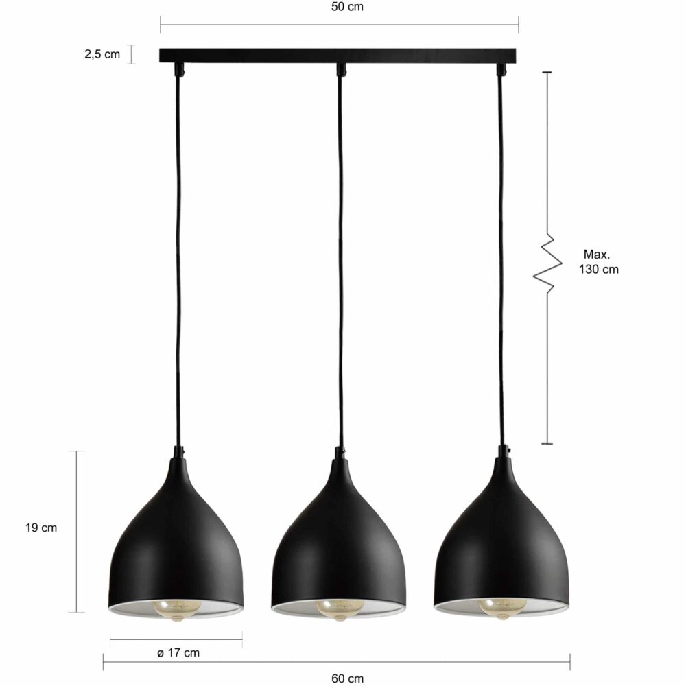 3 glazen hangende lampen met stalen kappen