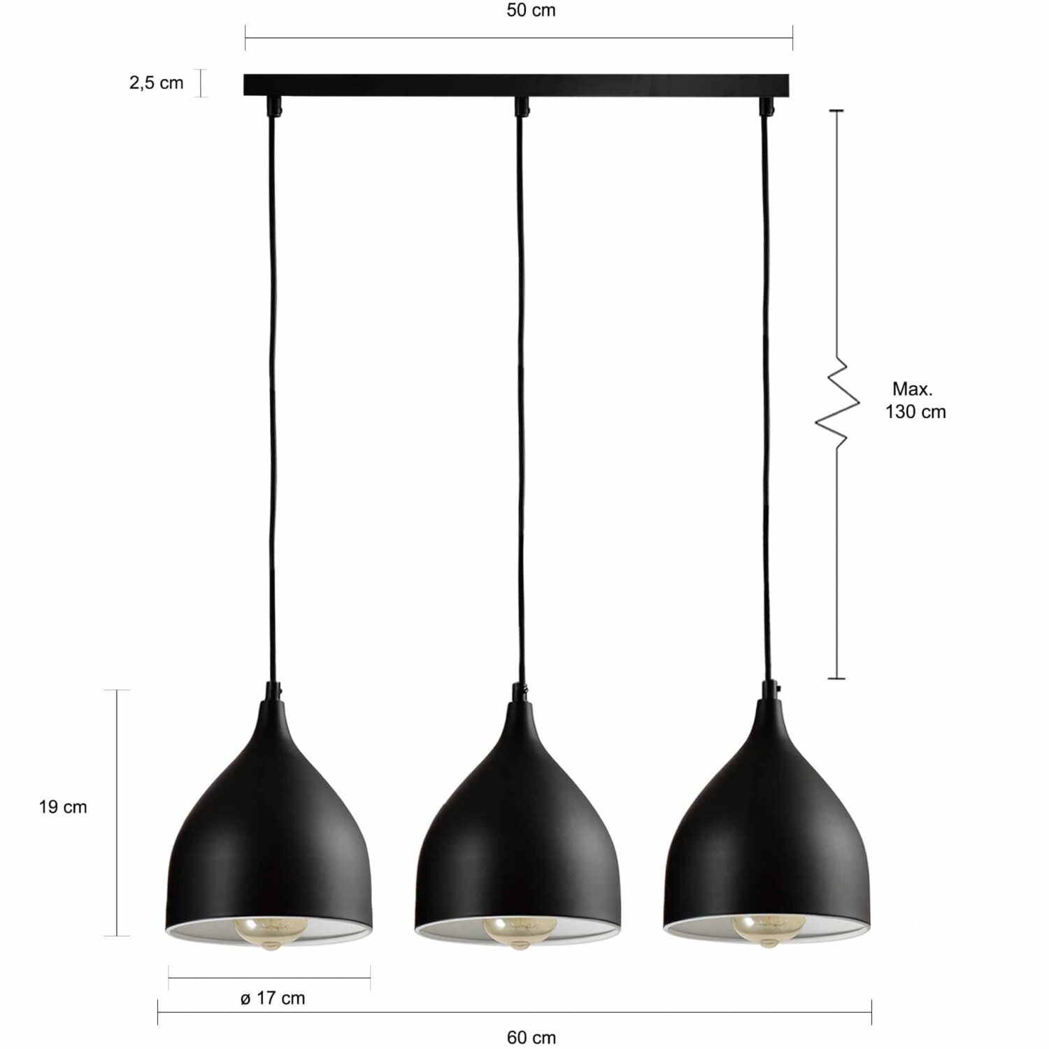 3 glazen hangende lampen met stalen kappen