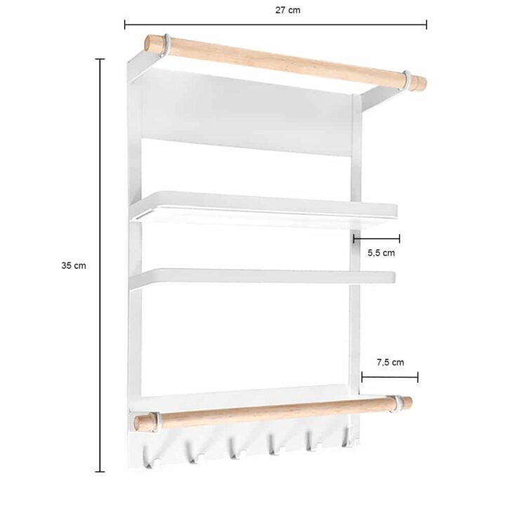 Magnetisch wit keukenrek met twee houten handdoekhouders