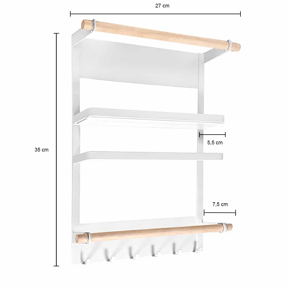 Magnetisch wit keukenrek met twee houten handdoekhouders