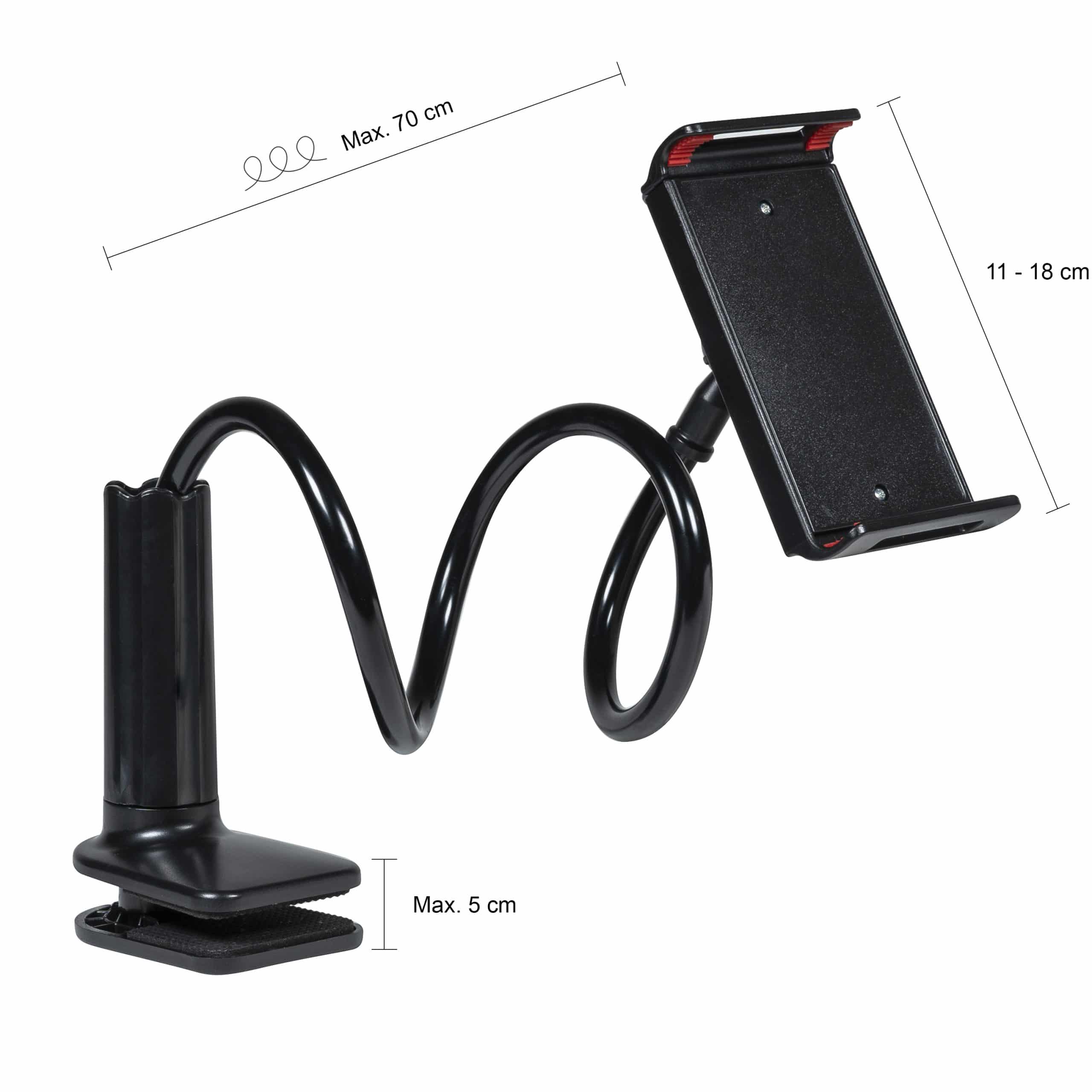 Afmetingen telefoon en tablet klem met verstelbare arm